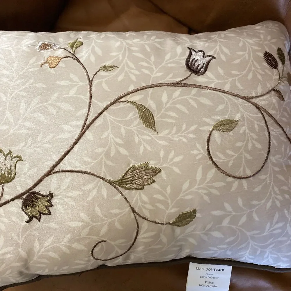 Madison Park Aqua & Brown Embroidered Leaf Floral Throw Pillow 15x11”